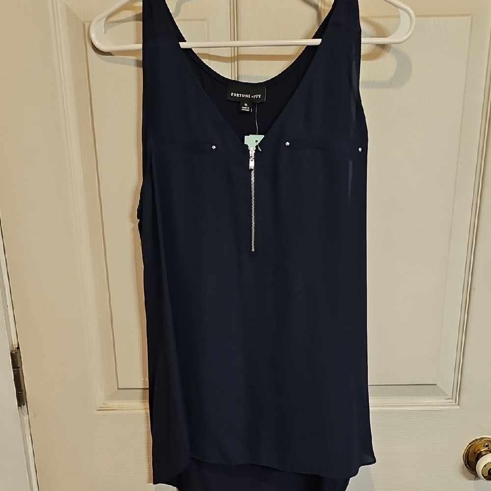 Navy Front Zip Sleeveless Blouse